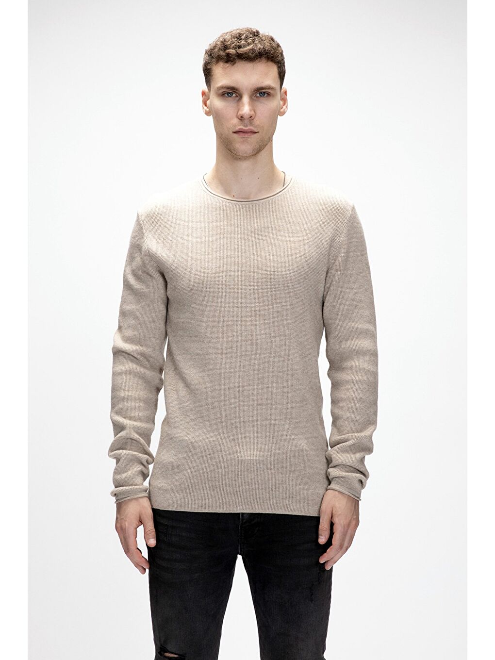 Tender Bej Bisiklet Yaka Erkek Triko Kazak