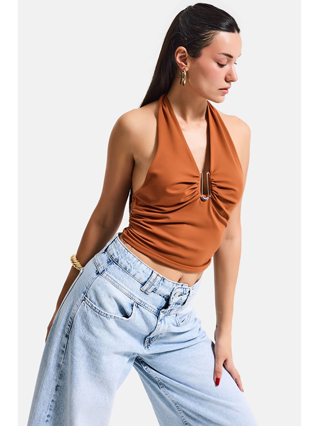 Kahverengi Kadın Kiremit s6-55 Aksesuar Detaylı Bluz-4