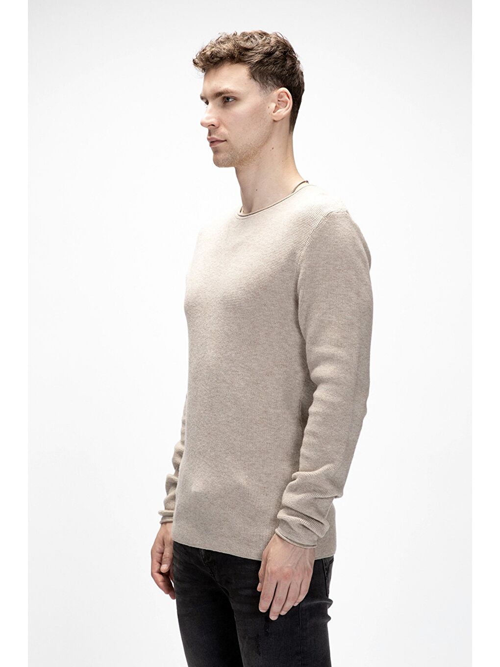 Tender Bej Bisiklet Yaka Erkek Triko Kazak-1