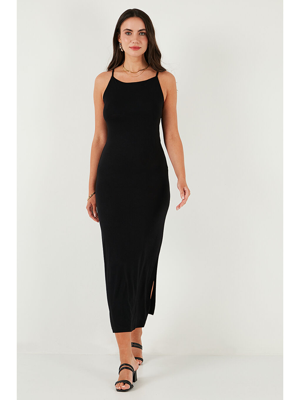 Siyah Slim Fit Yırtmaç Detaylı Midi Boy Kadın Elbise 5866224-4