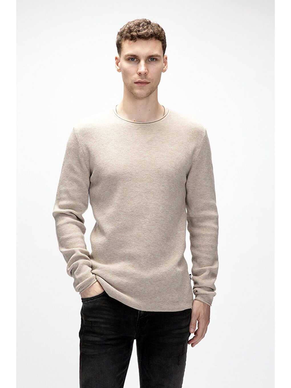 Tender Bej Bisiklet Yaka Erkek Triko Kazak-3