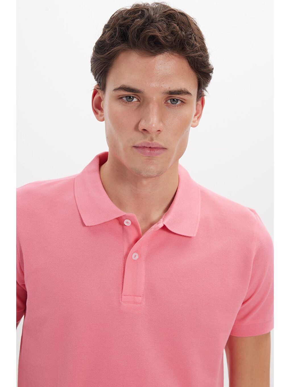 Erkek Slim Fit Dar Kesim %100 Pamuk Kısa Kollu Polo Yaka Pembe Tişört-6
