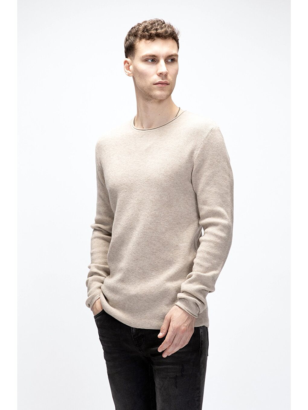 Tender Bej Bisiklet Yaka Erkek Triko Kazak-4