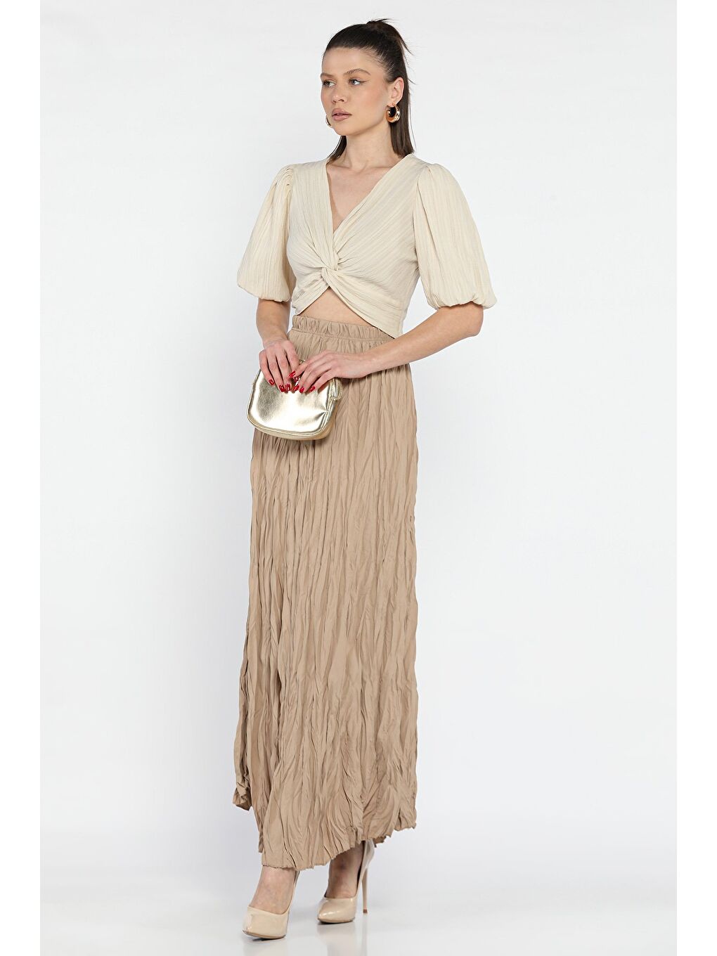 Bej Kadın Bel Lastikli Krinkıl Vual Etek-1