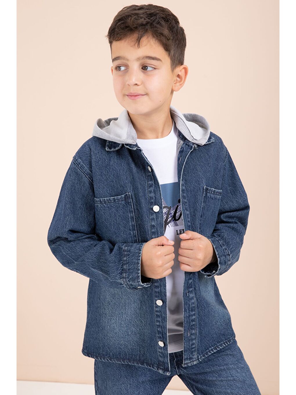 Lacivert Kapüşonlu Ceketli Pantolonlu Erkek Çocuk 3lü Jean Takım 23625-1