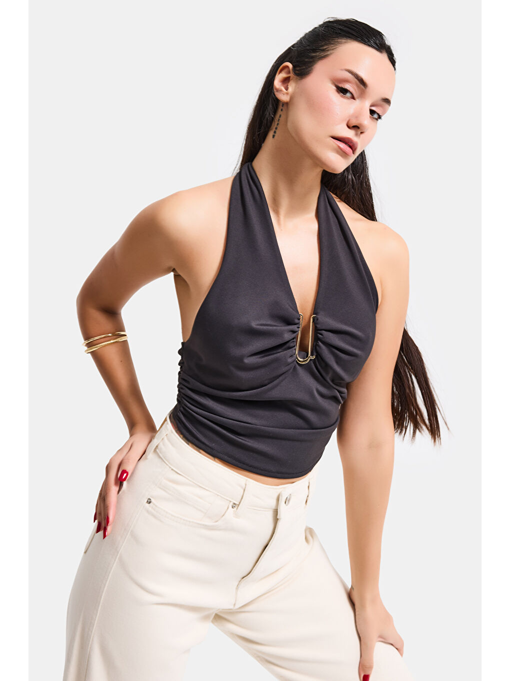 Kadın Siyah s6-1 Aksesuar Detaylı Bluz-5