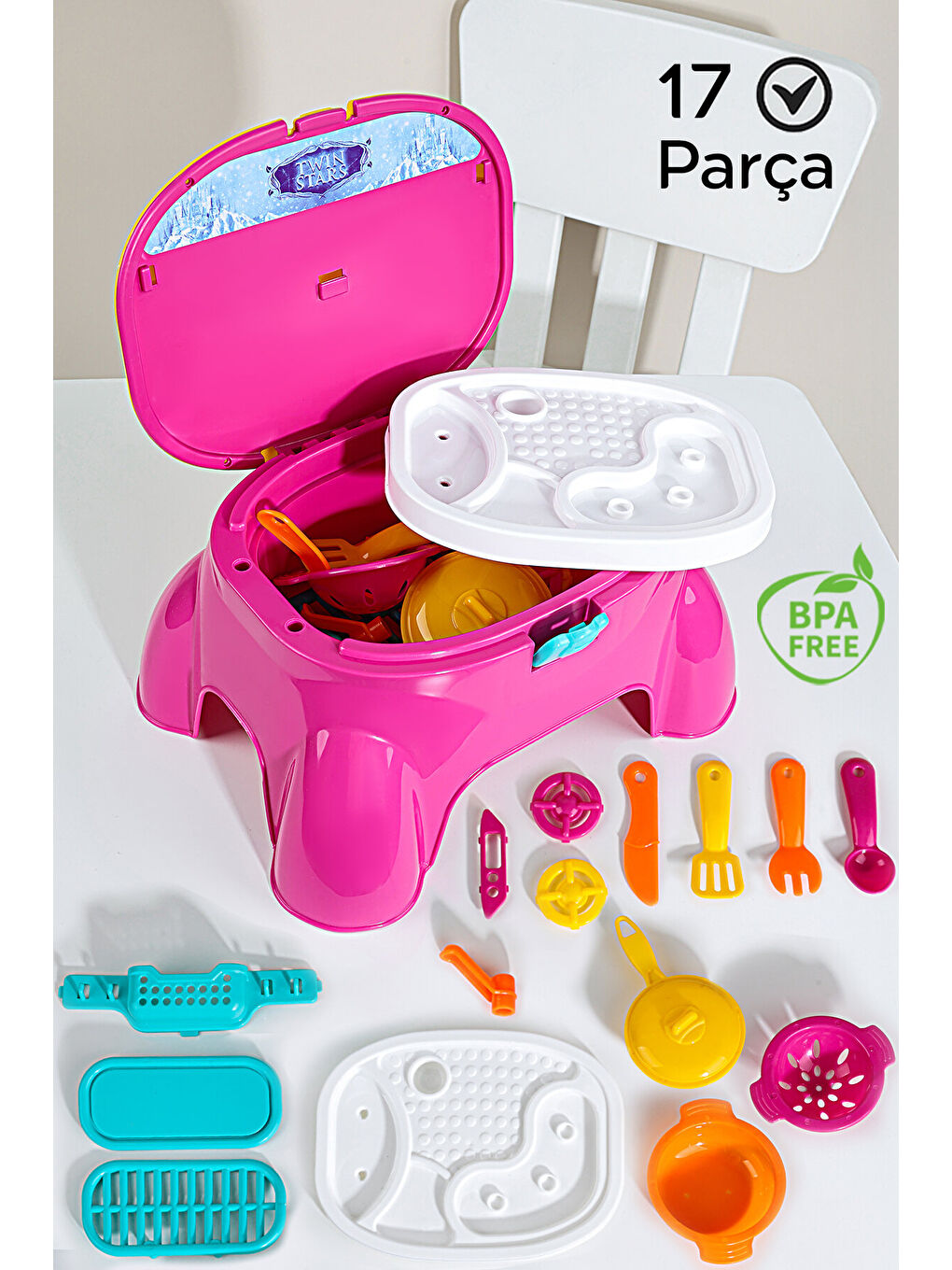 17 Parça Masalı Oyuncak Mutfak Seti - Taşıma Çantalı Oturaklı Mutfak Gereçleri Aşçı Oyuncak Seti-1