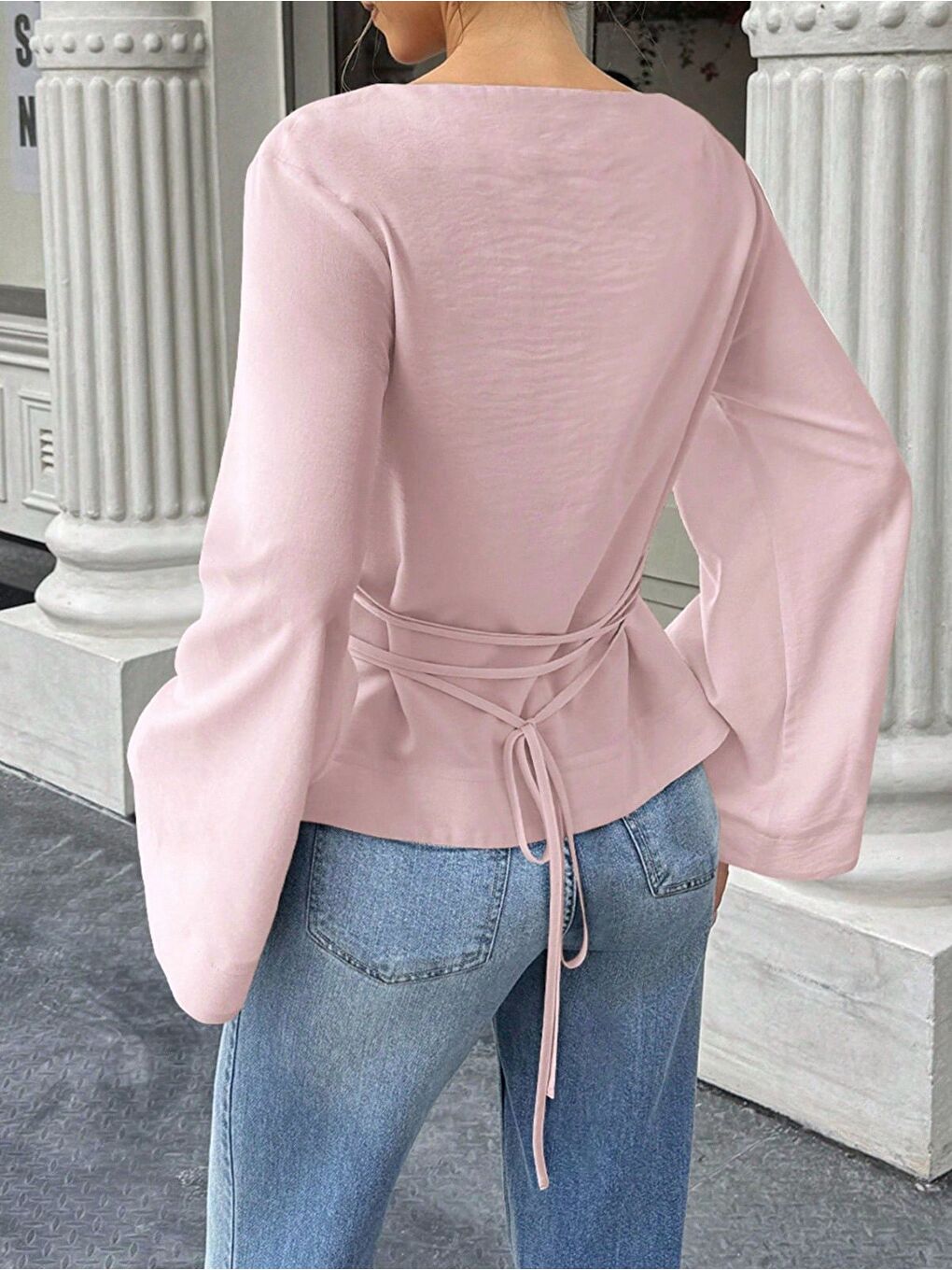 Pembe Kadın Belden Bağlamalı İpli İspanyol Kol Bluz-1