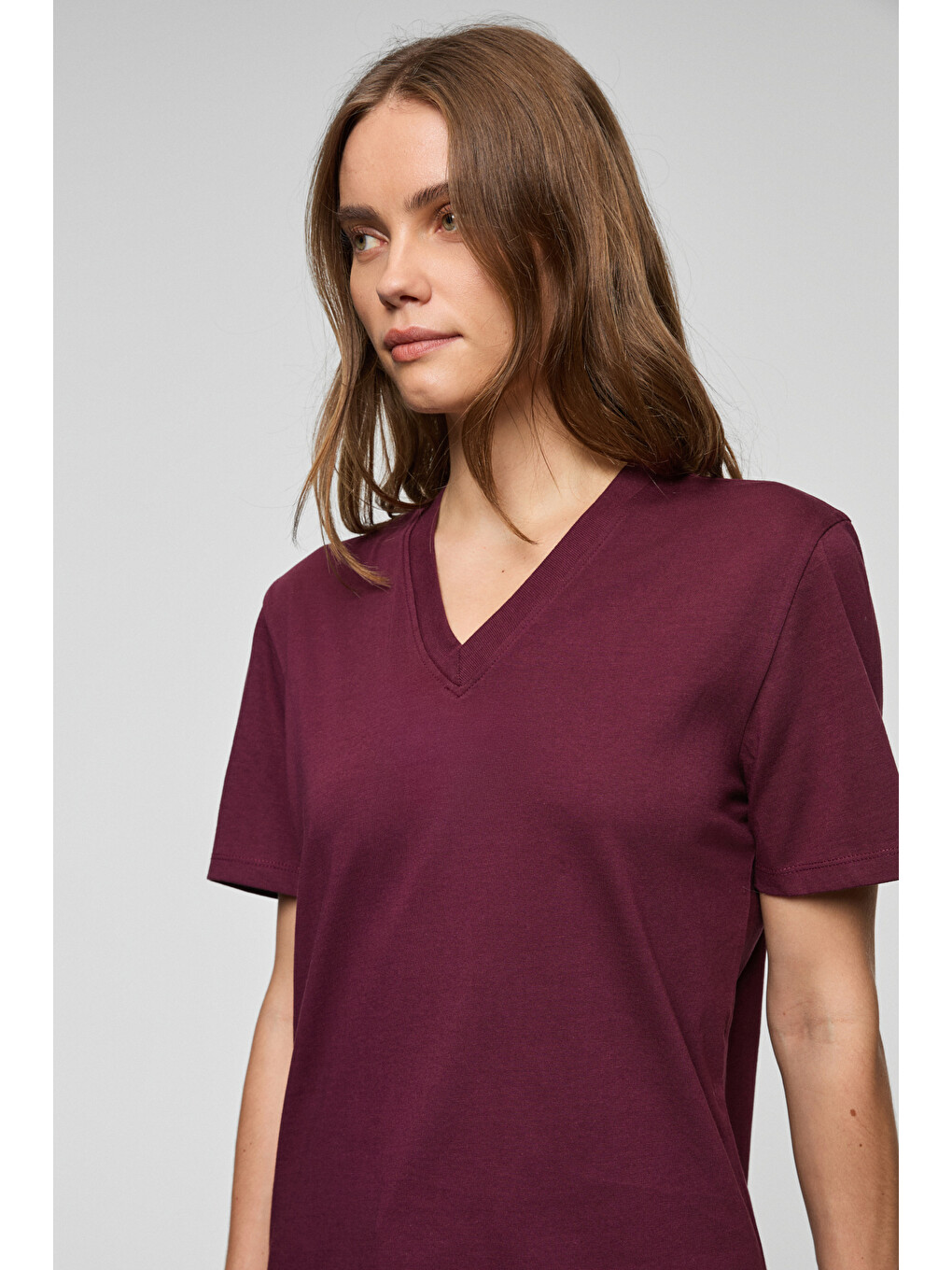 Bordo ALINE Kadın %100 organik Pamuk Derin V Yakalı Comfort Fit BORDO T-Shirt-4