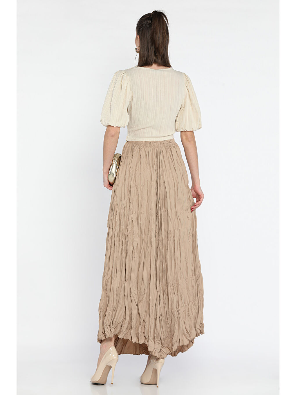 Bej Kadın Bel Lastikli Krinkıl Vual Etek-2