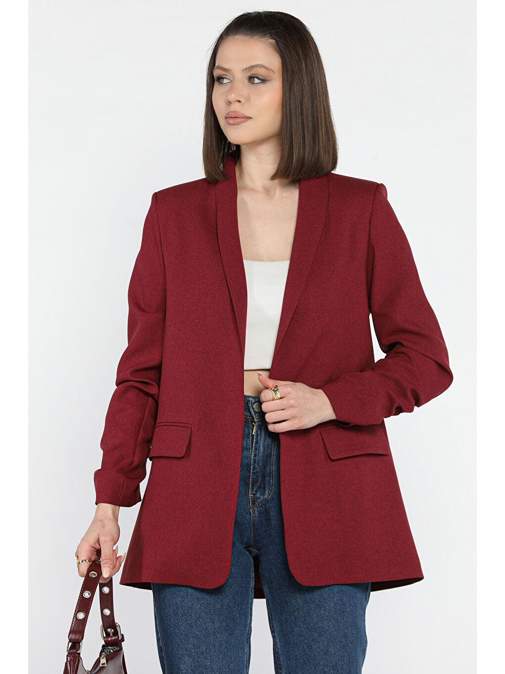 Bordo Kol Büzgülü Kadın Blazer Ceket