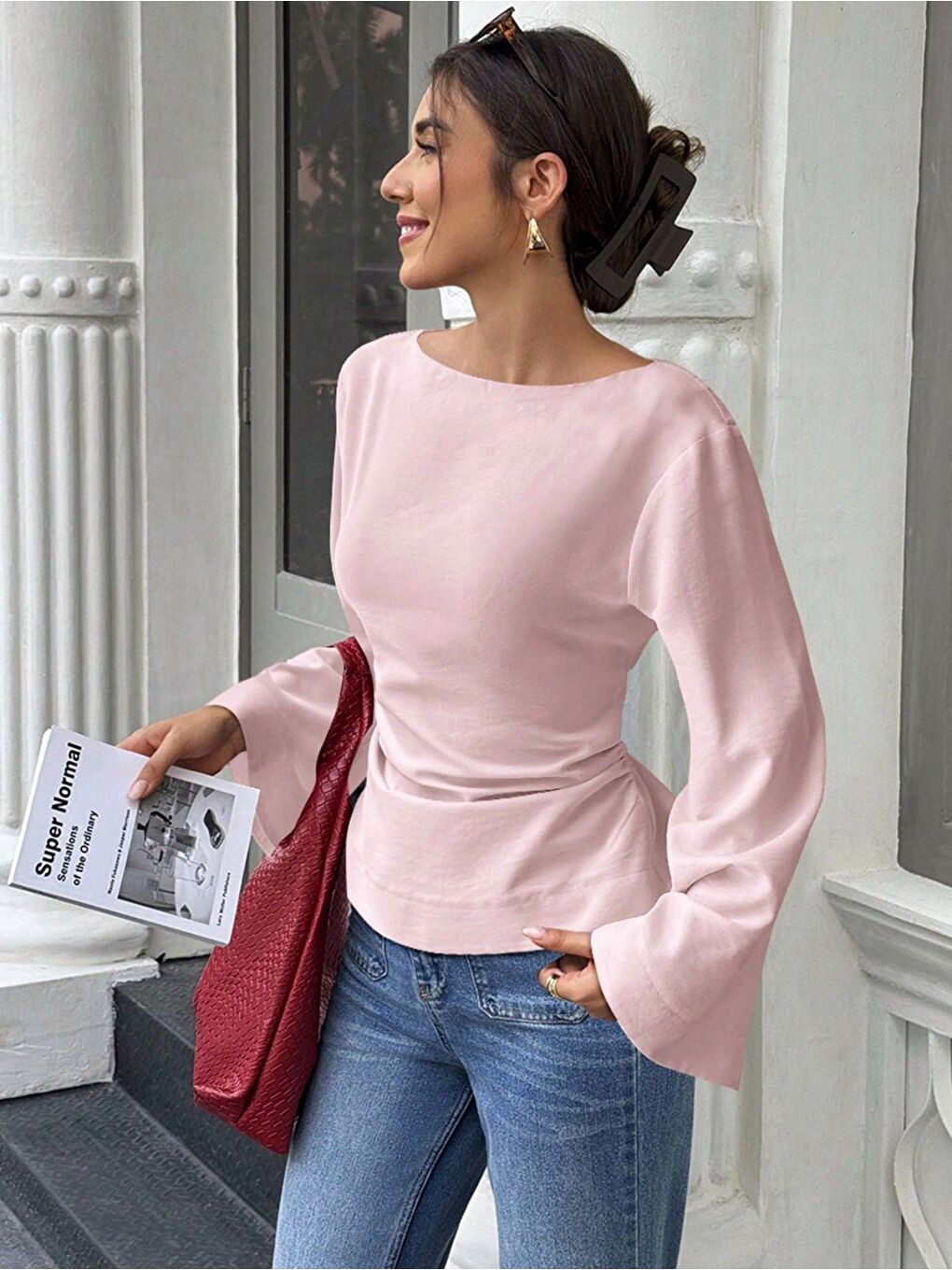 Pembe Kadın Belden Bağlamalı İpli İspanyol Kol Bluz-2