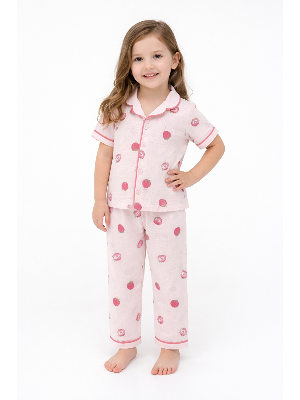 Pembe Kız Çocuk Müslin Kumaş Pijama Takımı Alt-Üst 2li Takım Yazlık Pamuklu