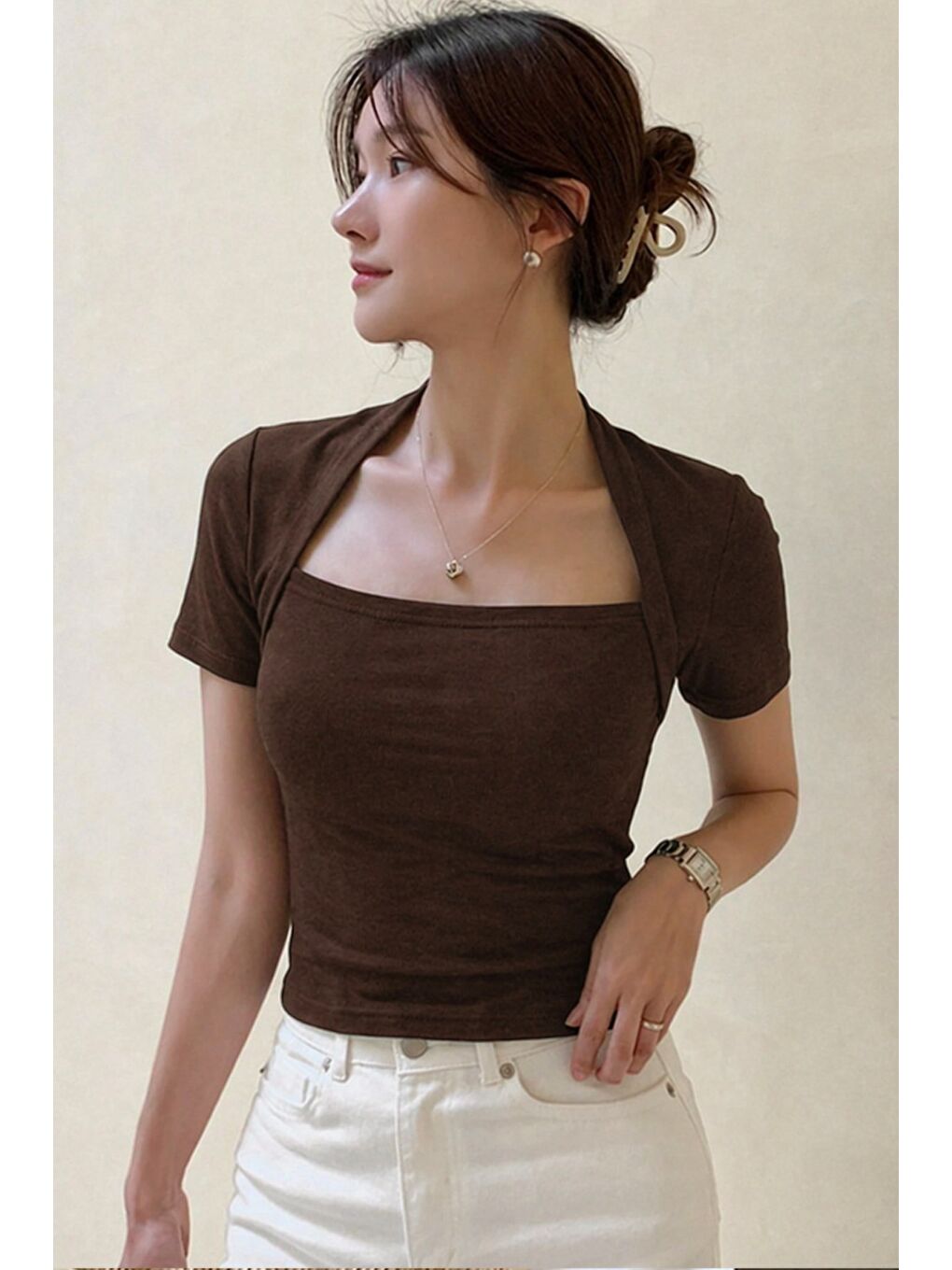 Kahverengi Kadın Haki Kuğu Yaka Slim Kısa Kollu Fit Crop Bluz-2