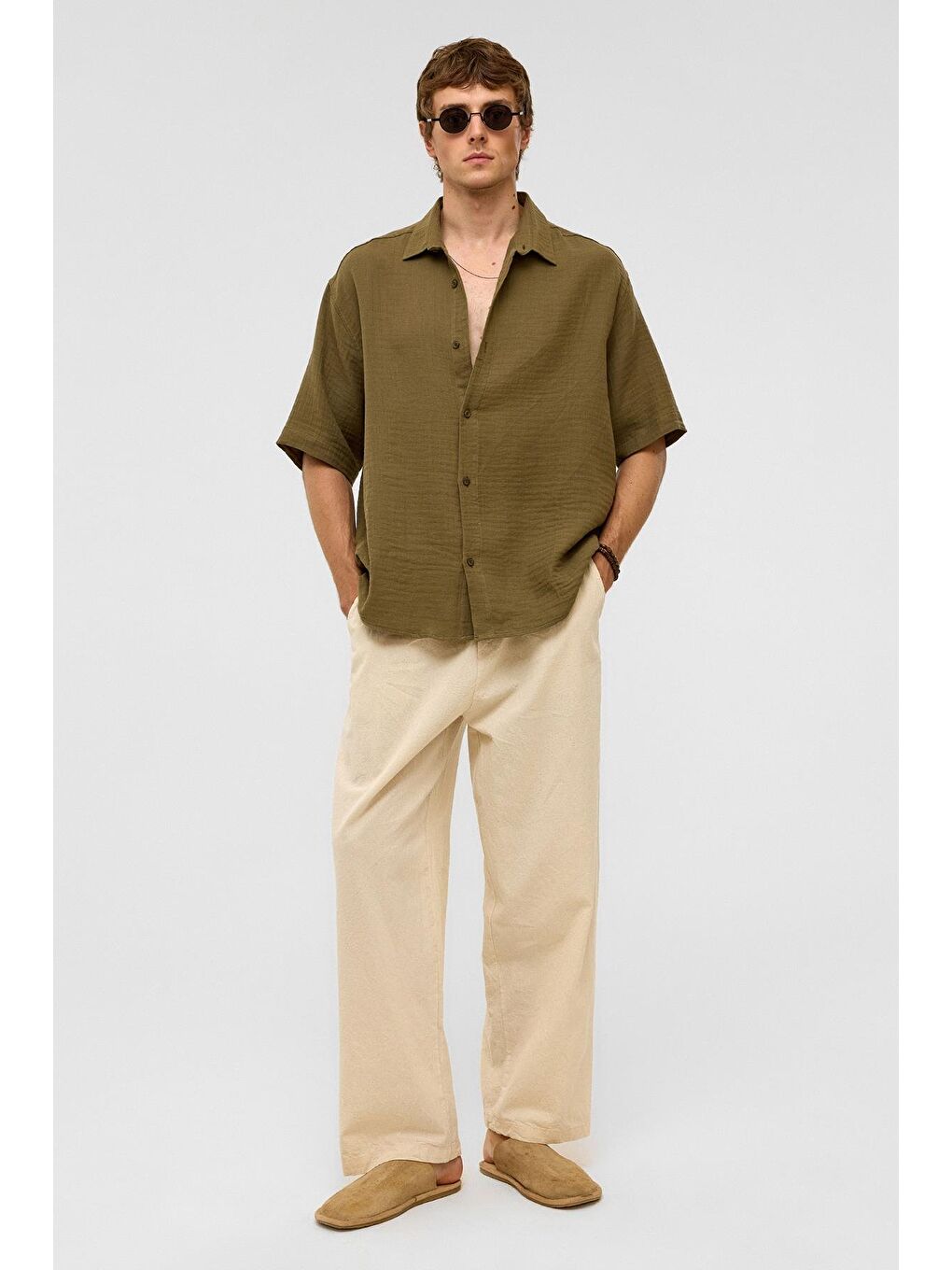 Oversize Kısa Kollu Müslin Kumaş Gömlek Haki