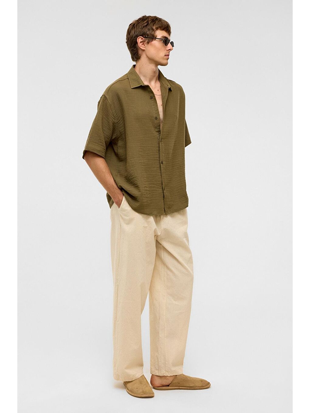 Oversize Kısa Kollu Müslin Kumaş Gömlek Haki-1