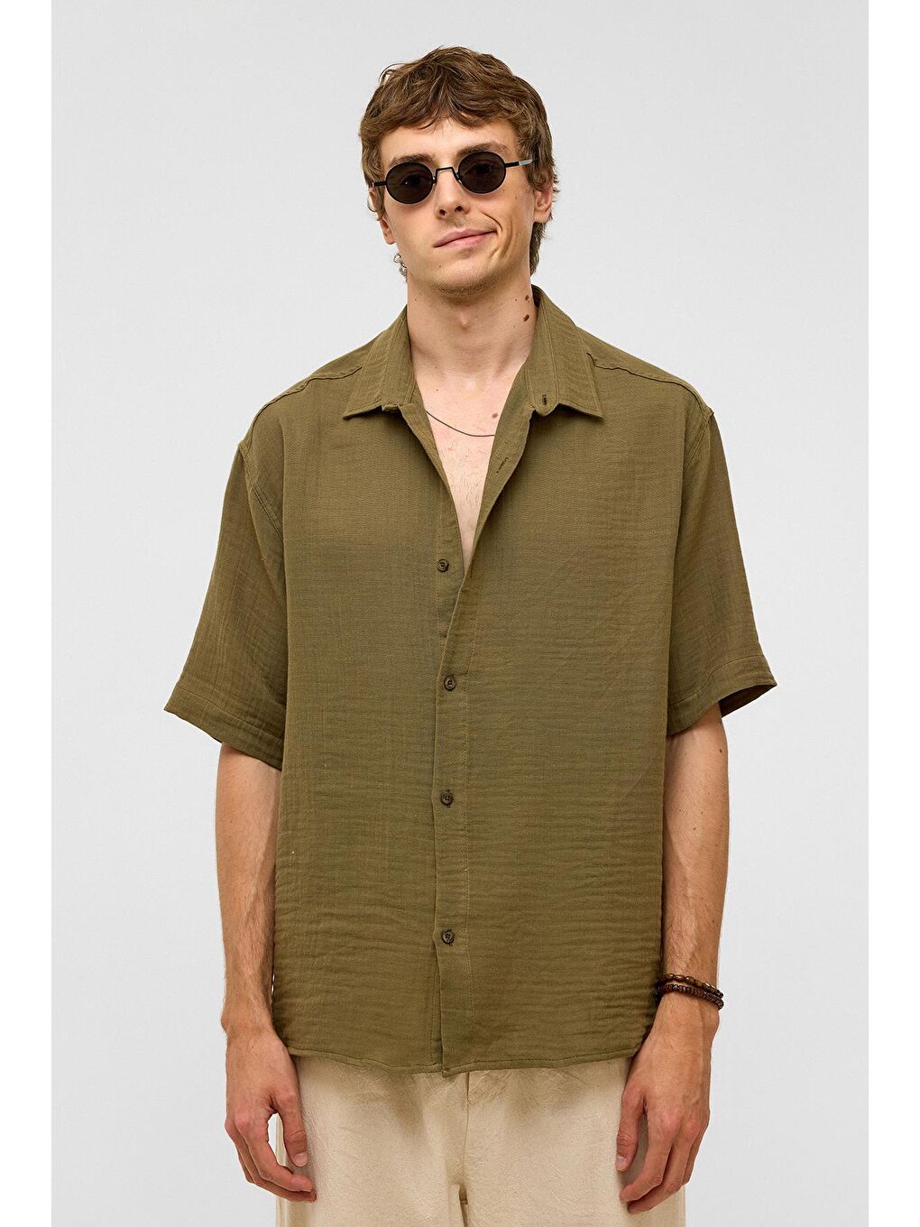 Oversize Kısa Kollu Müslin Kumaş Gömlek Haki-2