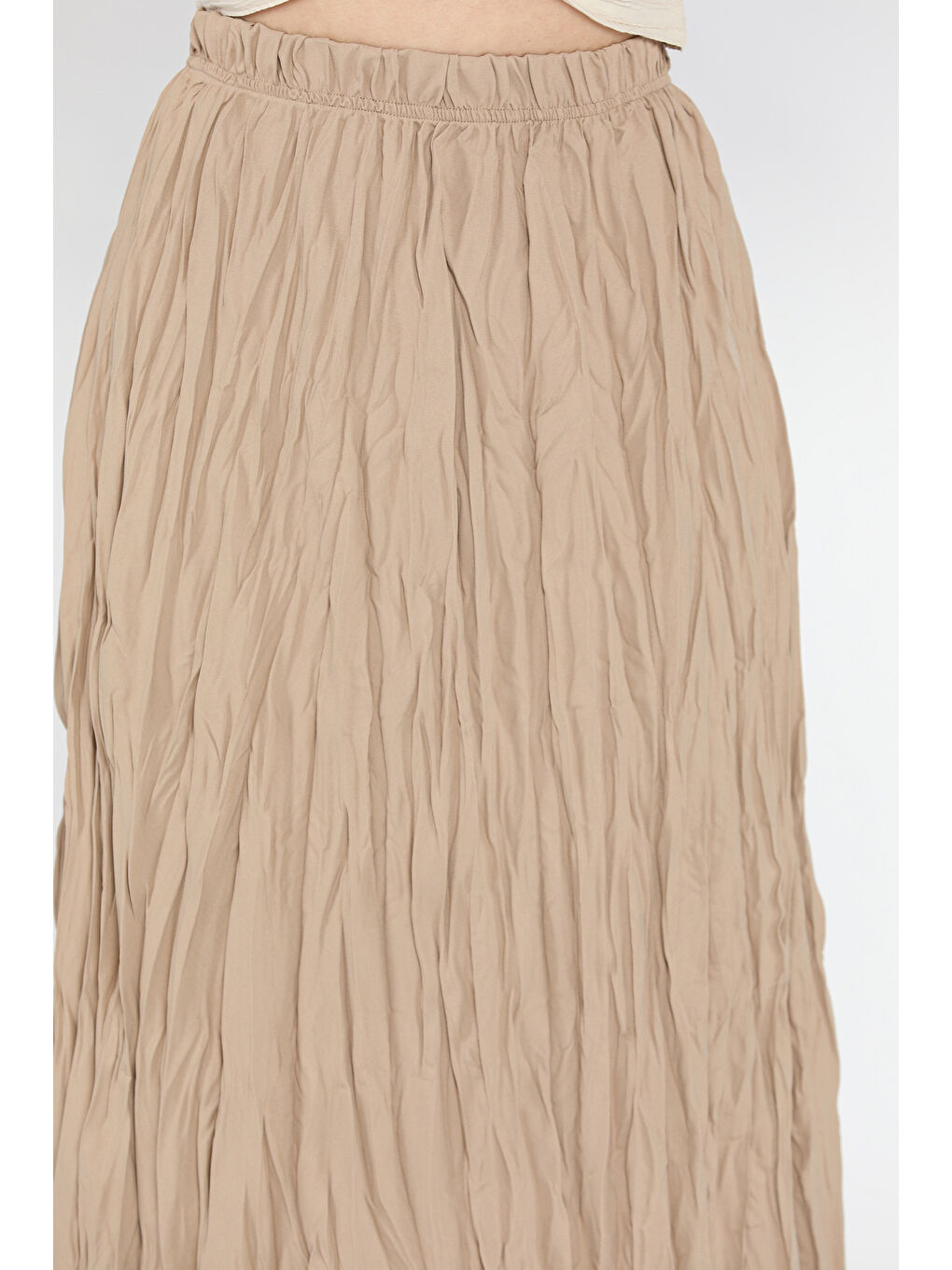Bej Kadın Bel Lastikli Krinkıl Vual Etek-3