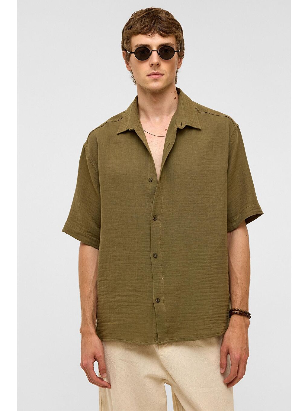 Oversize Kısa Kollu Müslin Kumaş Gömlek Haki-3