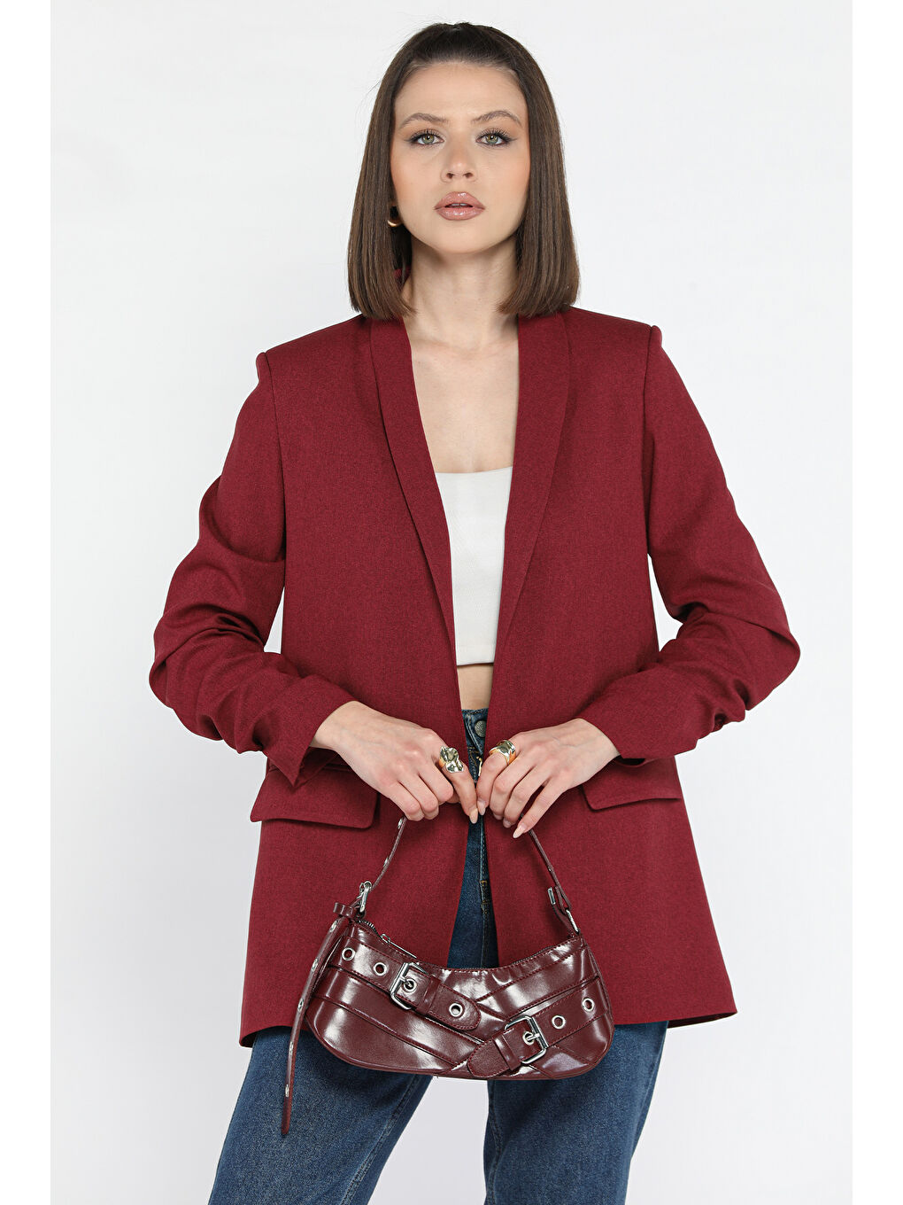 Bordo Kol Büzgülü Kadın Blazer Ceket-1