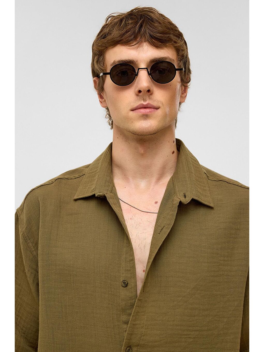 Oversize Kısa Kollu Müslin Kumaş Gömlek Haki-4