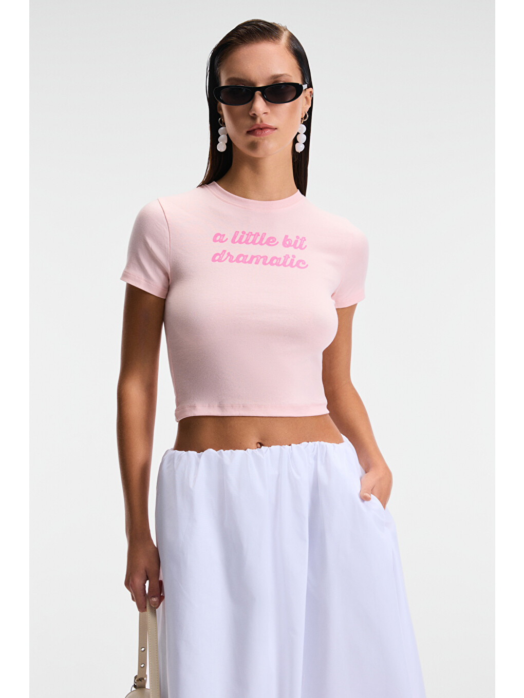 Velına Kadın Bisiklet Yaka Kısa Kollu Önü Baskılı Slim Pembe T-shirt