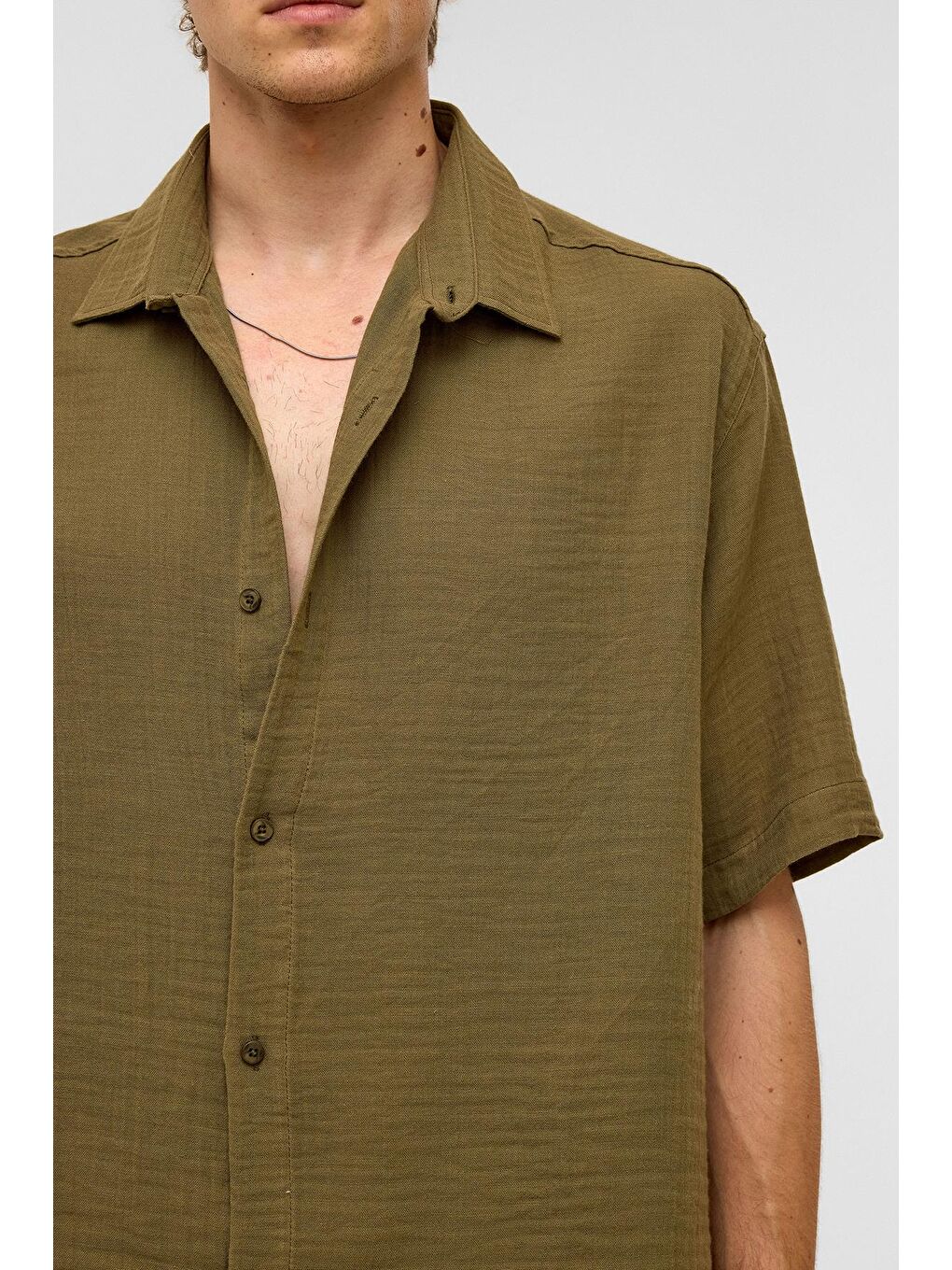 Oversize Kısa Kollu Müslin Kumaş Gömlek Haki-5