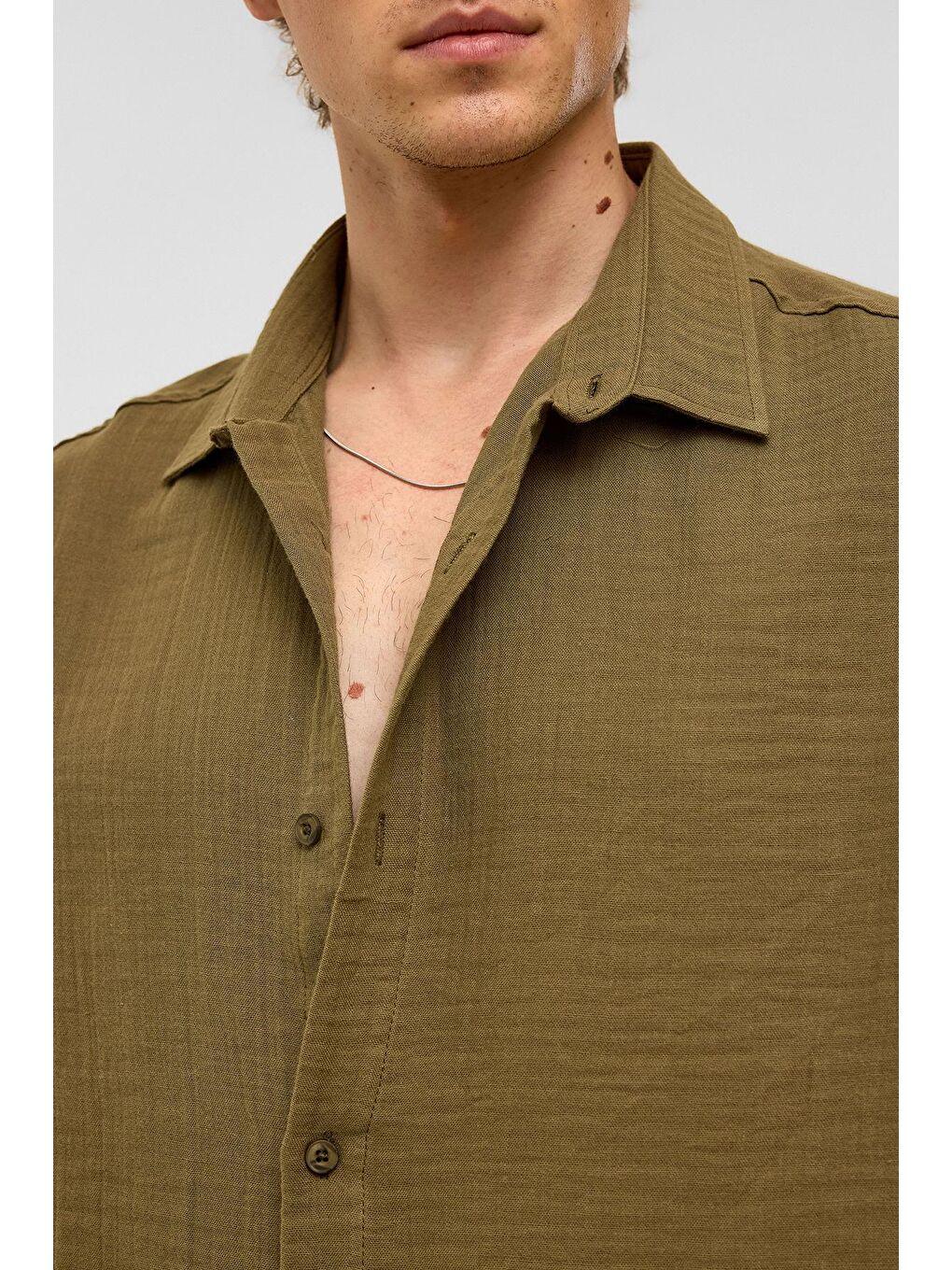 Oversize Kısa Kollu Müslin Kumaş Gömlek Haki-6