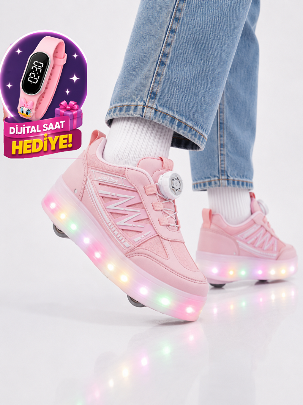 Patenli Kız Çocuk Ayakkabı Pembe - Lila Tak Çıkar Tekerlekler-1