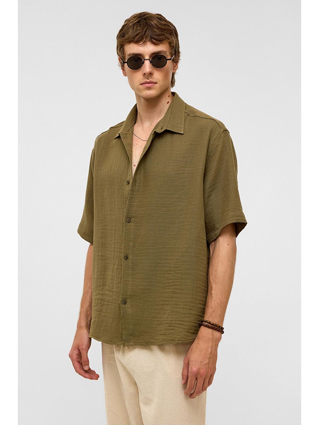 Oversize Kısa Kollu Müslin Kumaş Gömlek Haki-7