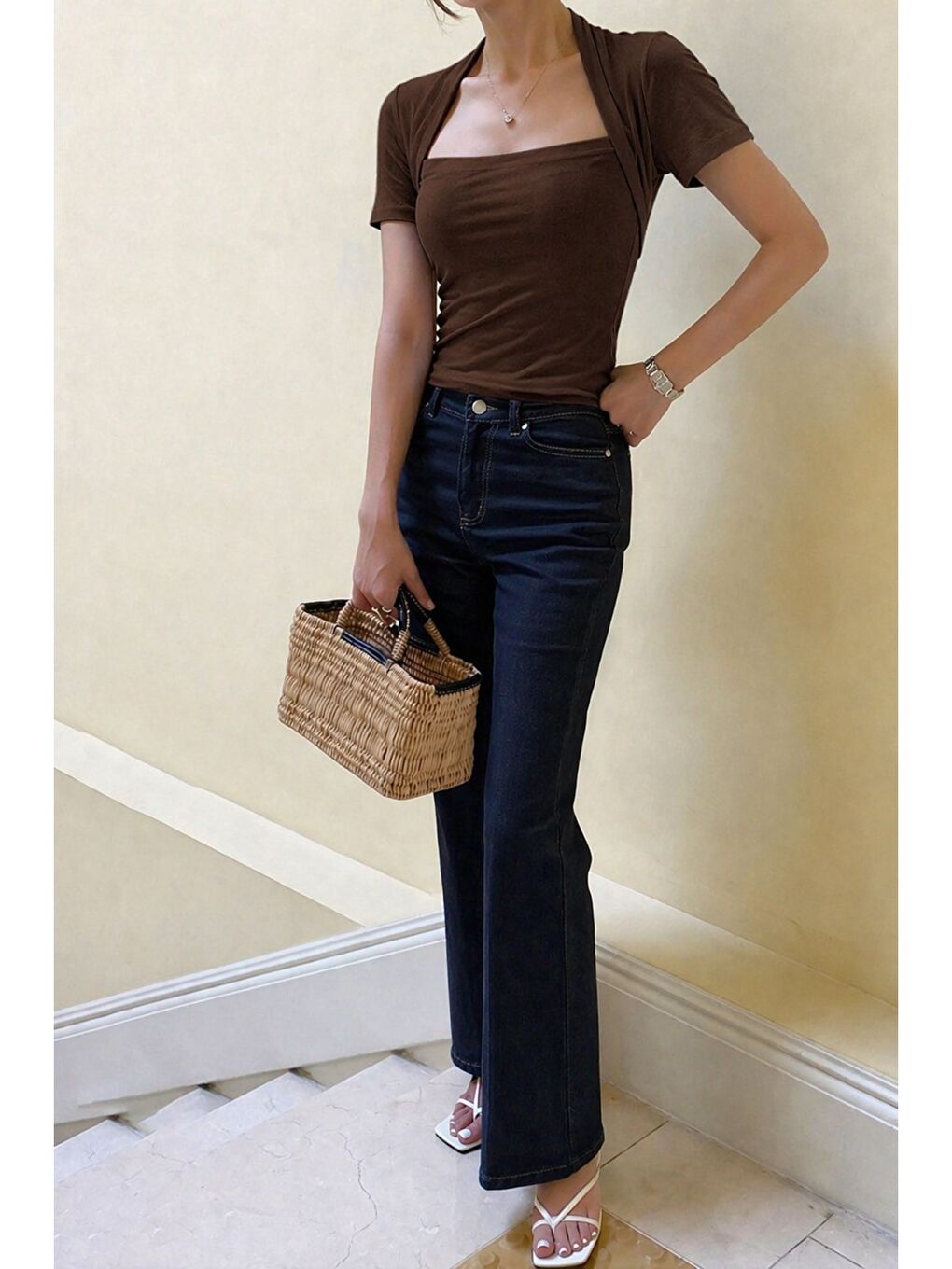 Kahverengi Kadın Haki Kuğu Yaka Slim Kısa Kollu Fit Crop Bluz-4