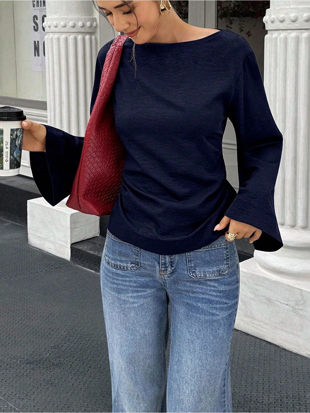 Lacivert Kadın Belden Bağlamalı İpli İspanyol Kol Bluz-4