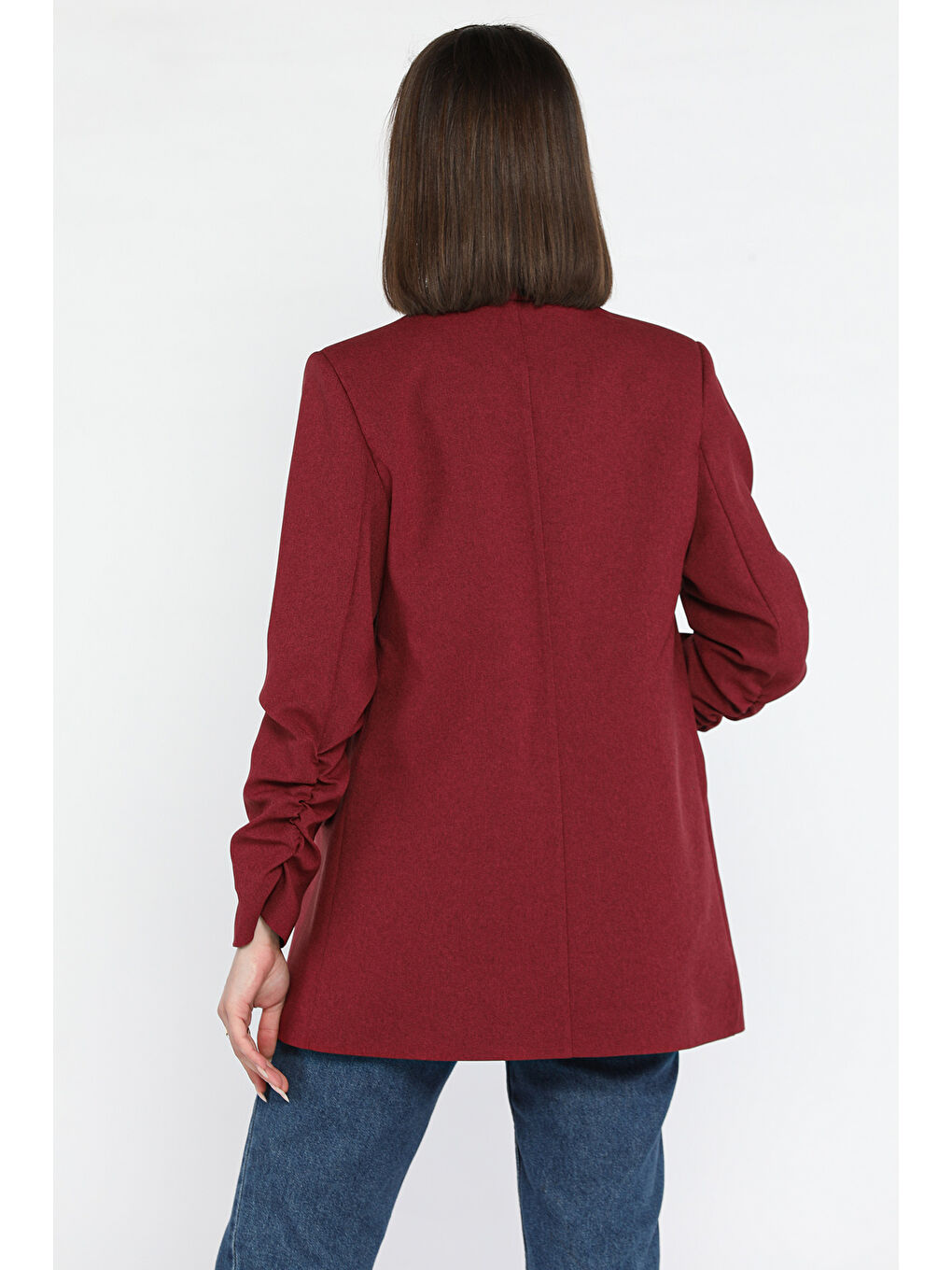 Bordo Kol Büzgülü Kadın Blazer Ceket-2