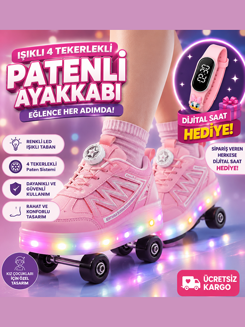 Patenli Kız Çocuk Ayakkabı Pembe - Lila Tak Çıkar Tekerlekler-2