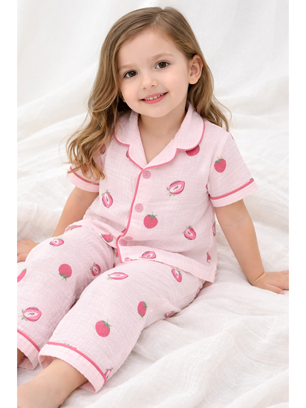 Pembe Kız Çocuk Müslin Kumaş Pijama Takımı Alt-Üst 2li Takım Yazlık Pamuklu-1