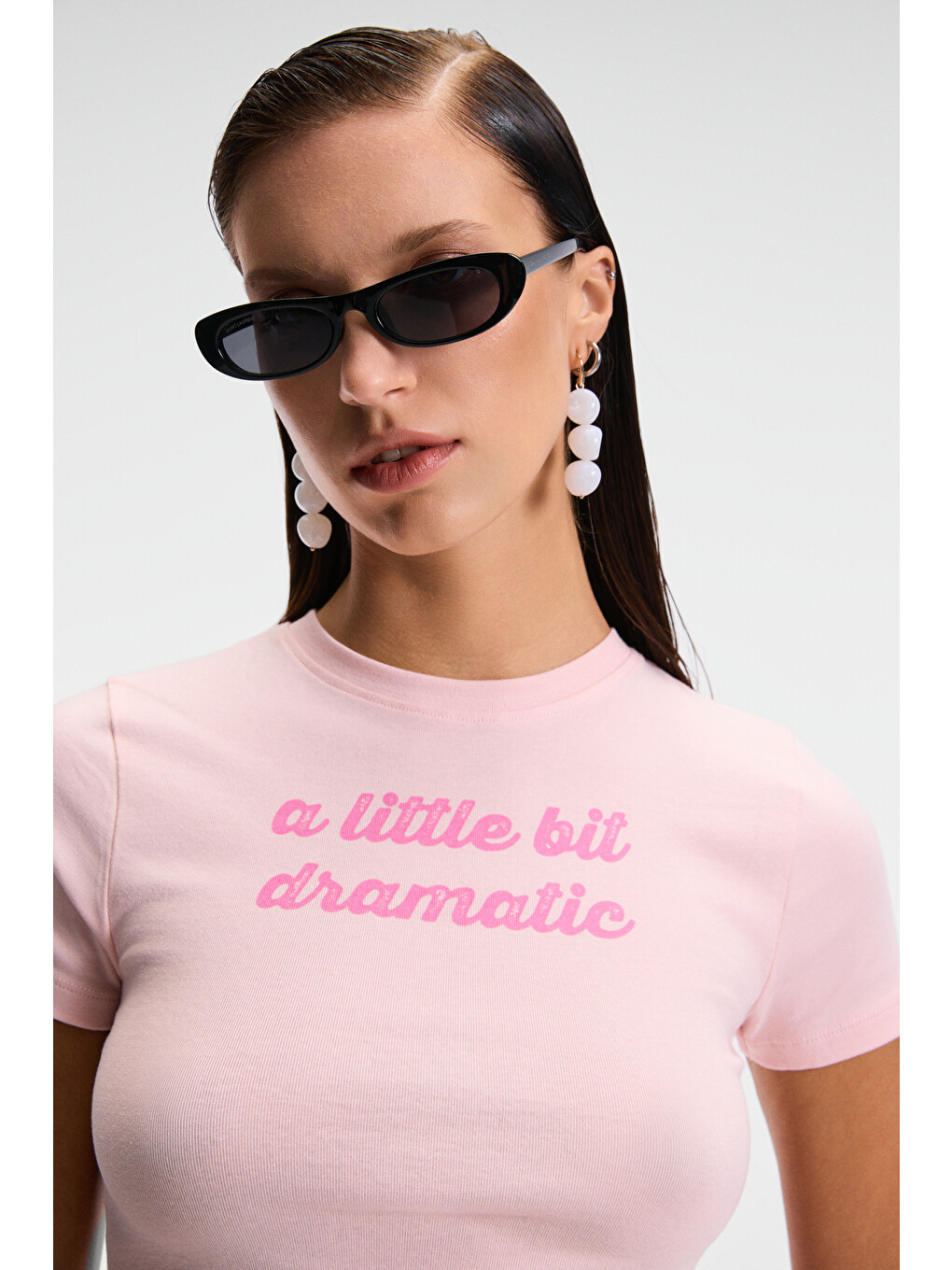 Velına Kadın Bisiklet Yaka Kısa Kollu Önü Baskılı Slim Pembe T-shirt-1