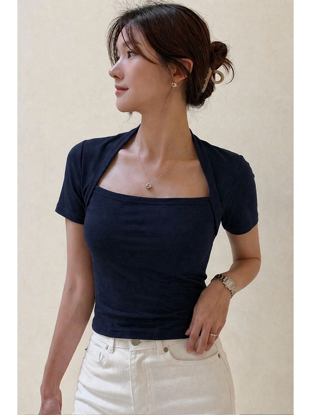 Lacivert Kadın Haki Kuğu Yaka Slim Kısa Kollu Fit Crop Bluz-1