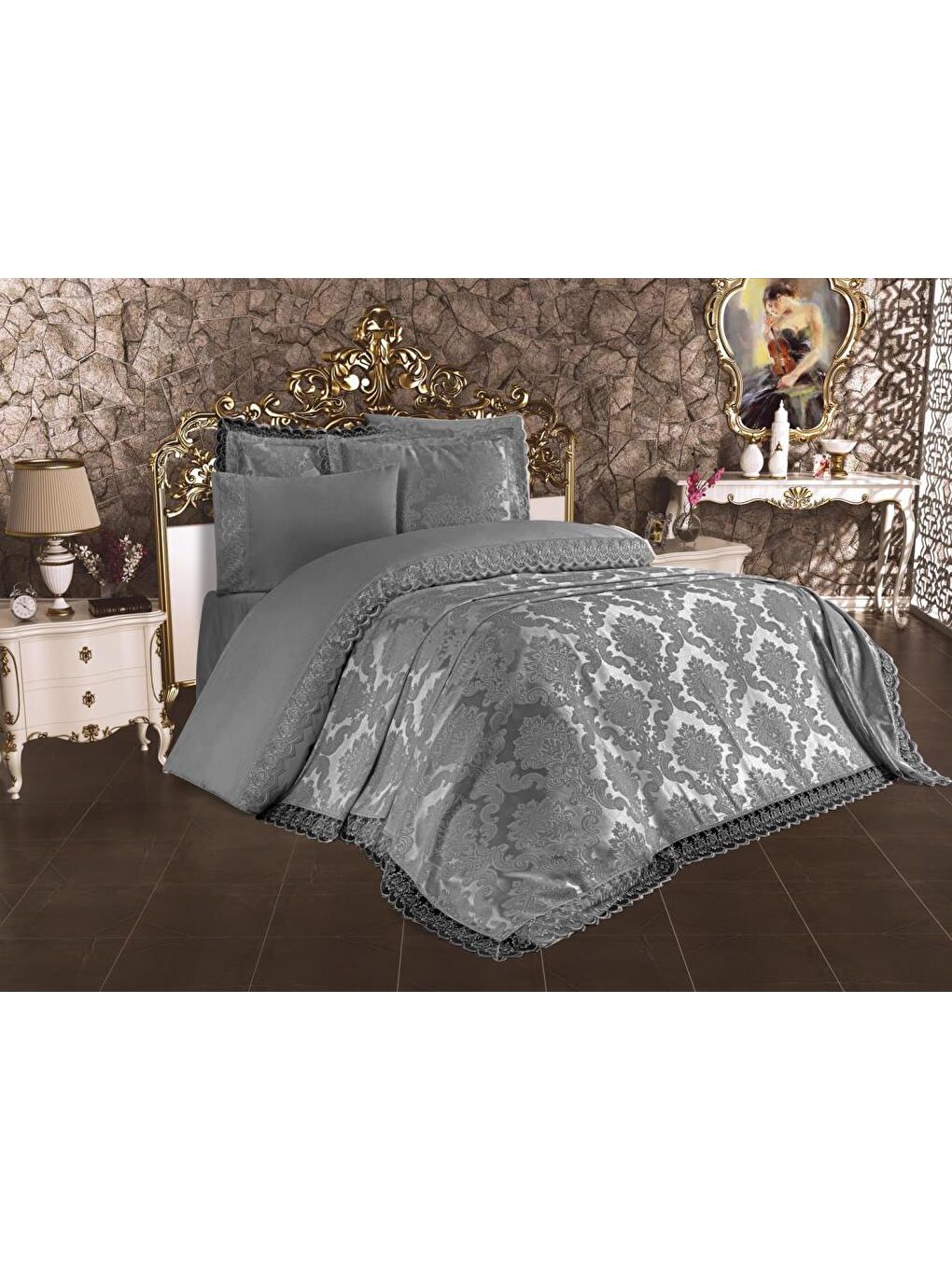 Karışık Fransız Dantelli Lalezar Gelin Seti 7 Parça Gri