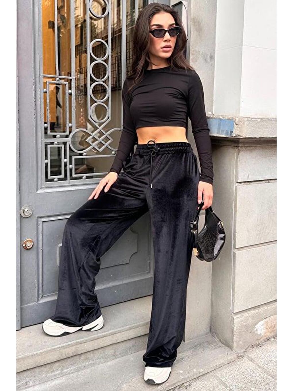 Koyu Siyah Bol Paça Kadife Pantolon Mg2283-6
