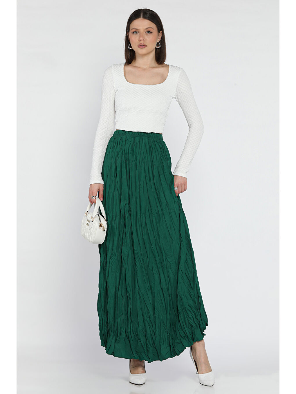 Yeşil Kadın Bel Lastikli Krinkıl Vual Etek