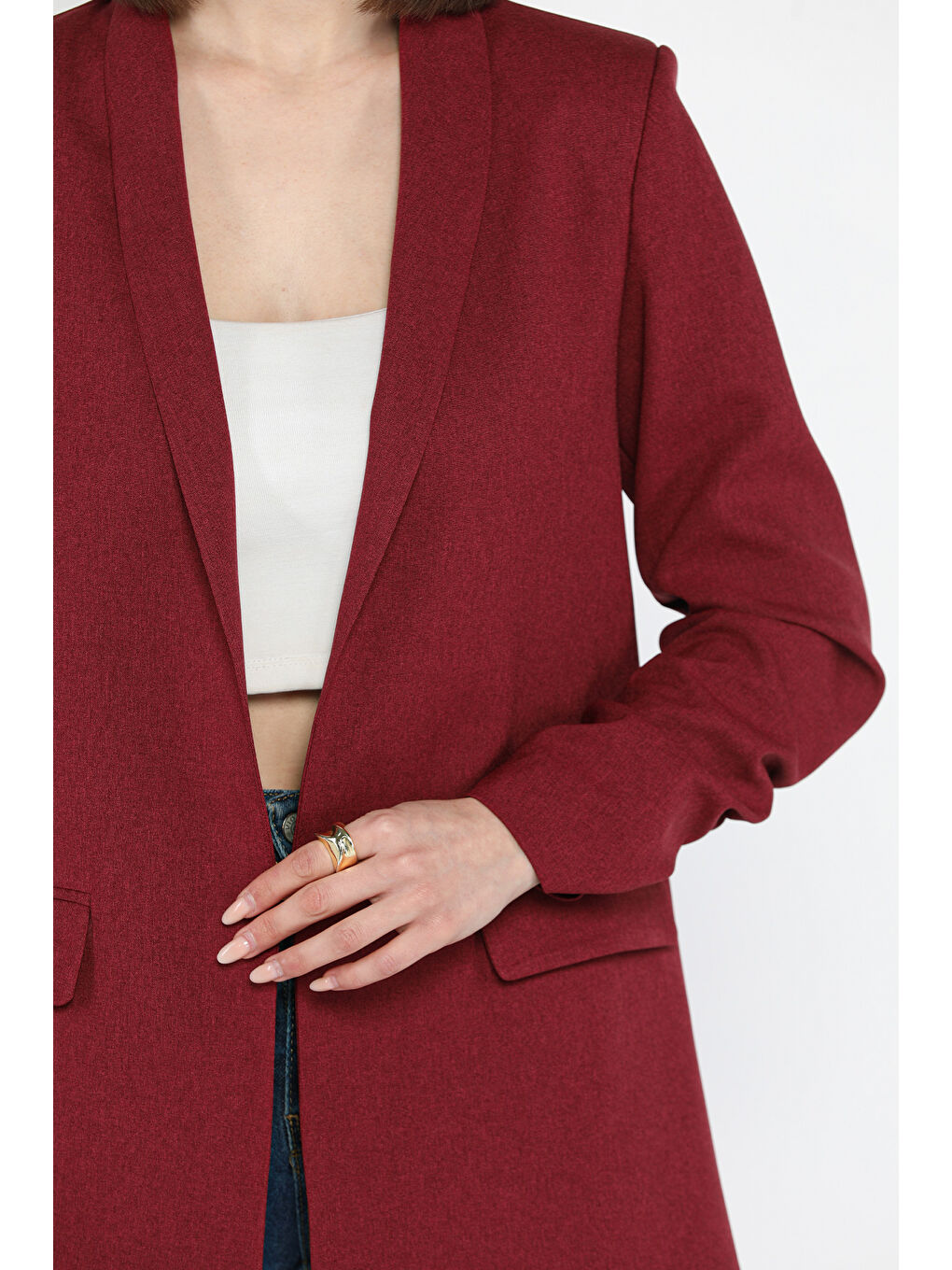 Bordo Kol Büzgülü Kadın Blazer Ceket-3