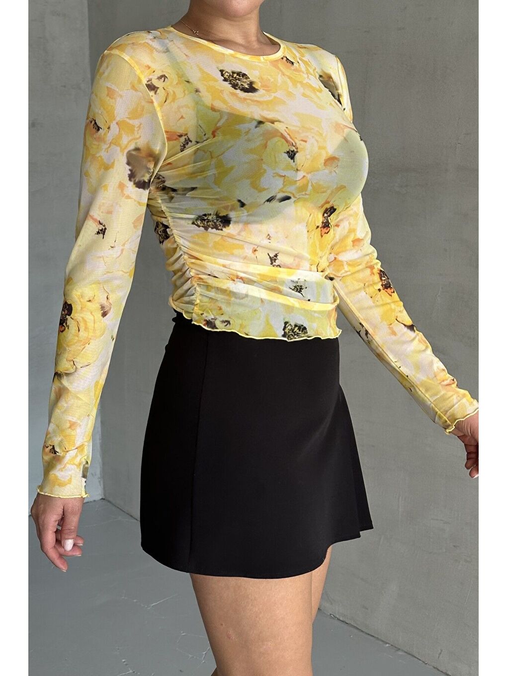 Sarı Kadın Bisiklet Yaka SARI Çiçek Desenli Uzun Kollu Bluz-1