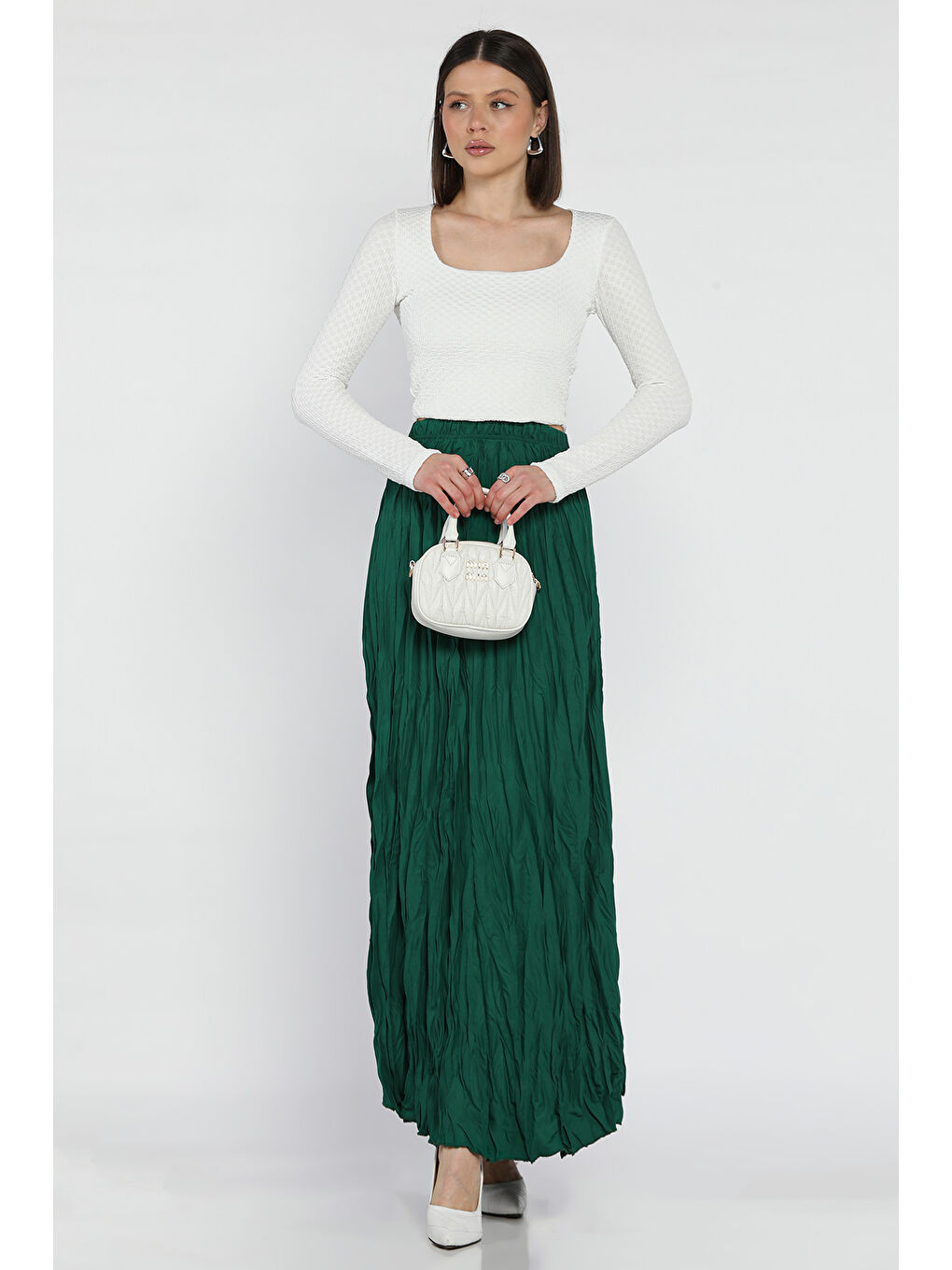 Yeşil Kadın Bel Lastikli Krinkıl Vual Etek-1