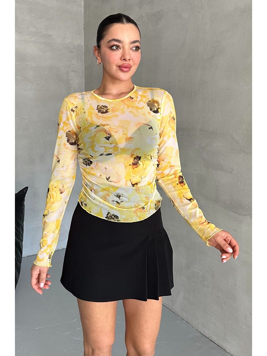 Sarı Kadın Bisiklet Yaka SARI Çiçek Desenli Uzun Kollu Bluz-2