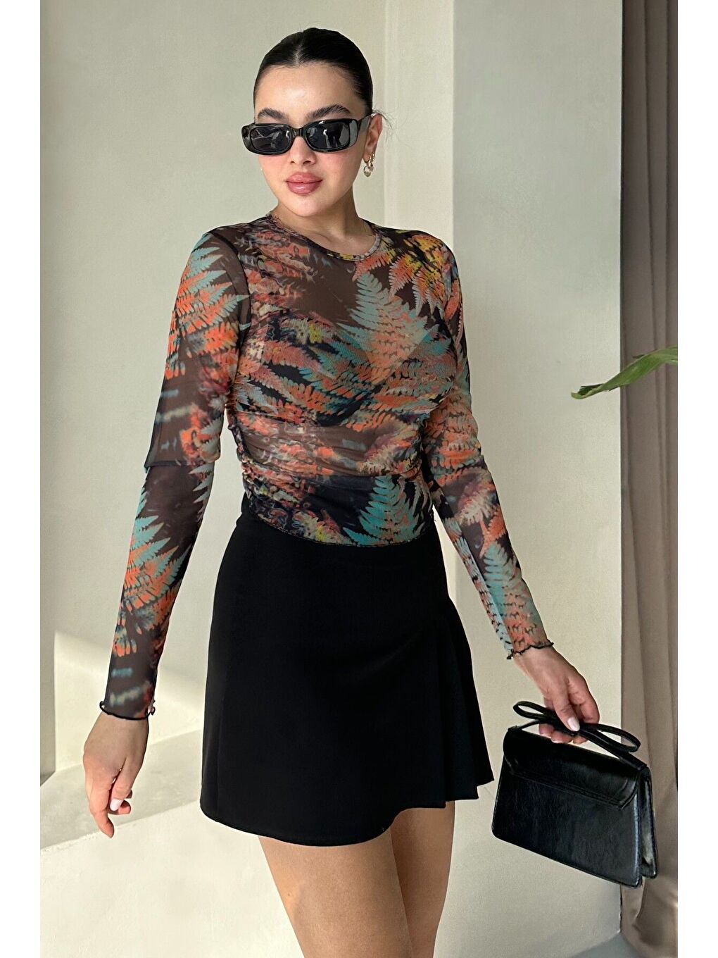 Turuncu Kadın Bisiklet Yaka KARIŞIK Yaprak Desenli Uzun Kollu Bluz