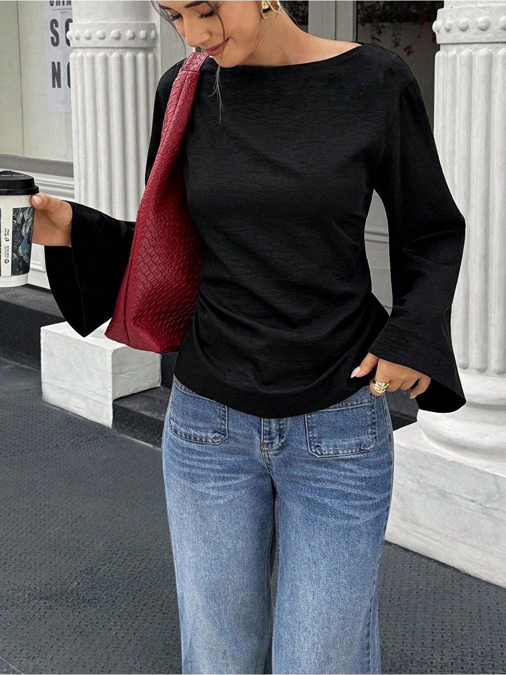 Siyah Kadın Belden Bağlamalı İpli İspanyol Kol Bluz-2