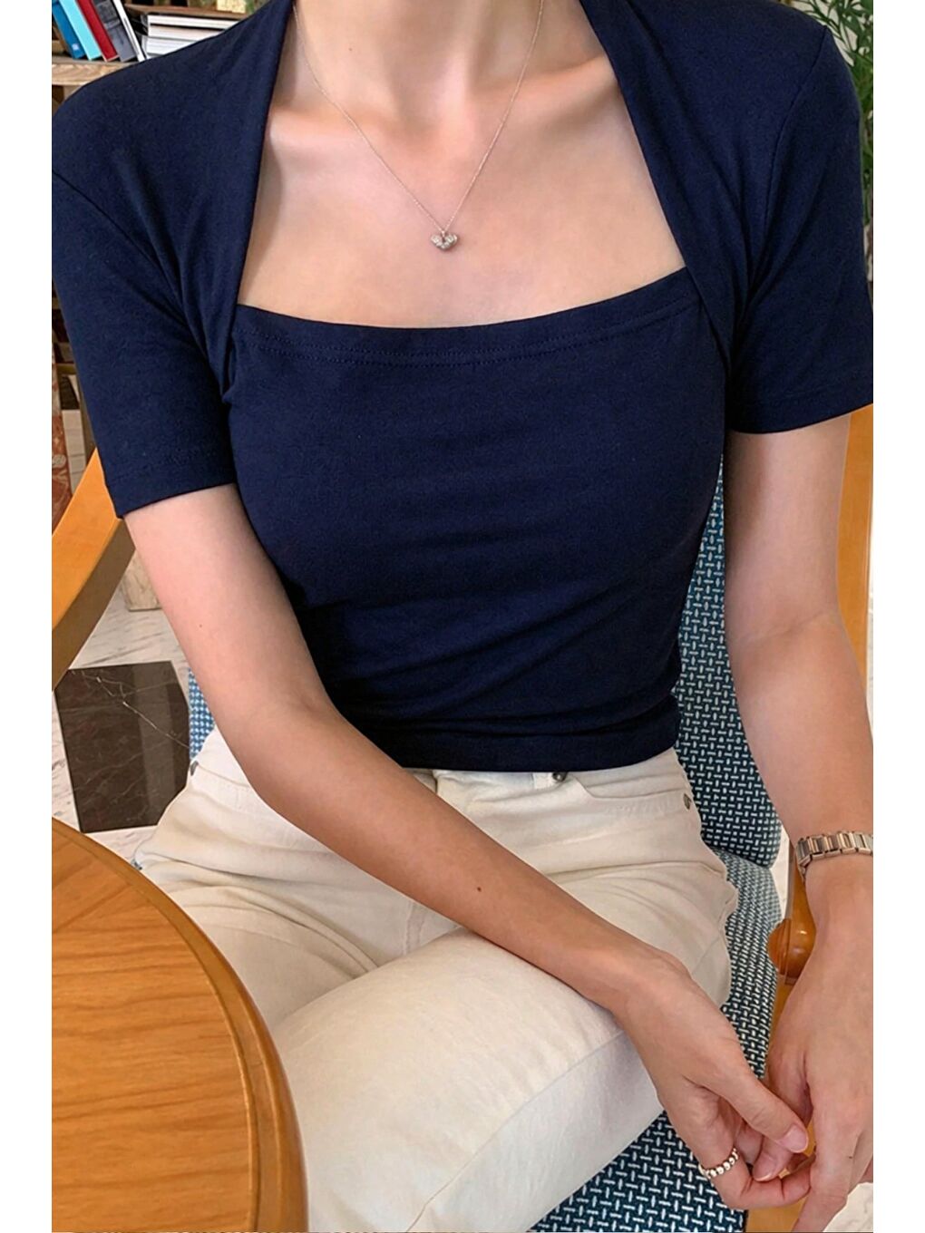 Lacivert Kadın Haki Kuğu Yaka Slim Kısa Kollu Fit Crop Bluz-2