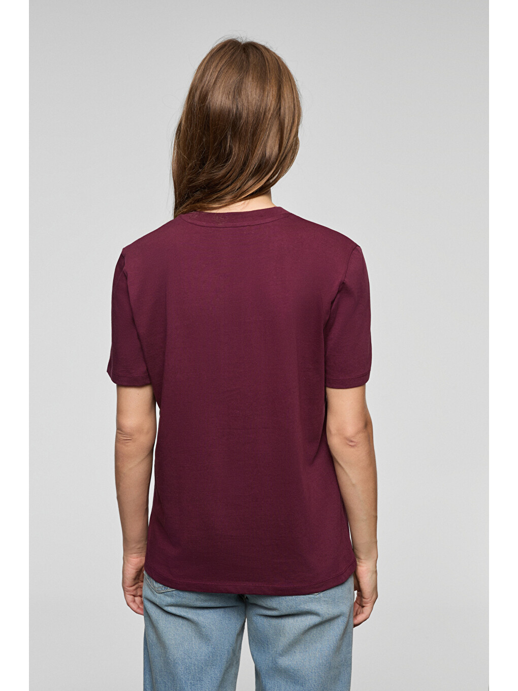 Bordo ALINE Kadın %100 organik Pamuk Derin V Yakalı Comfort Fit BORDO T-Shirt-5