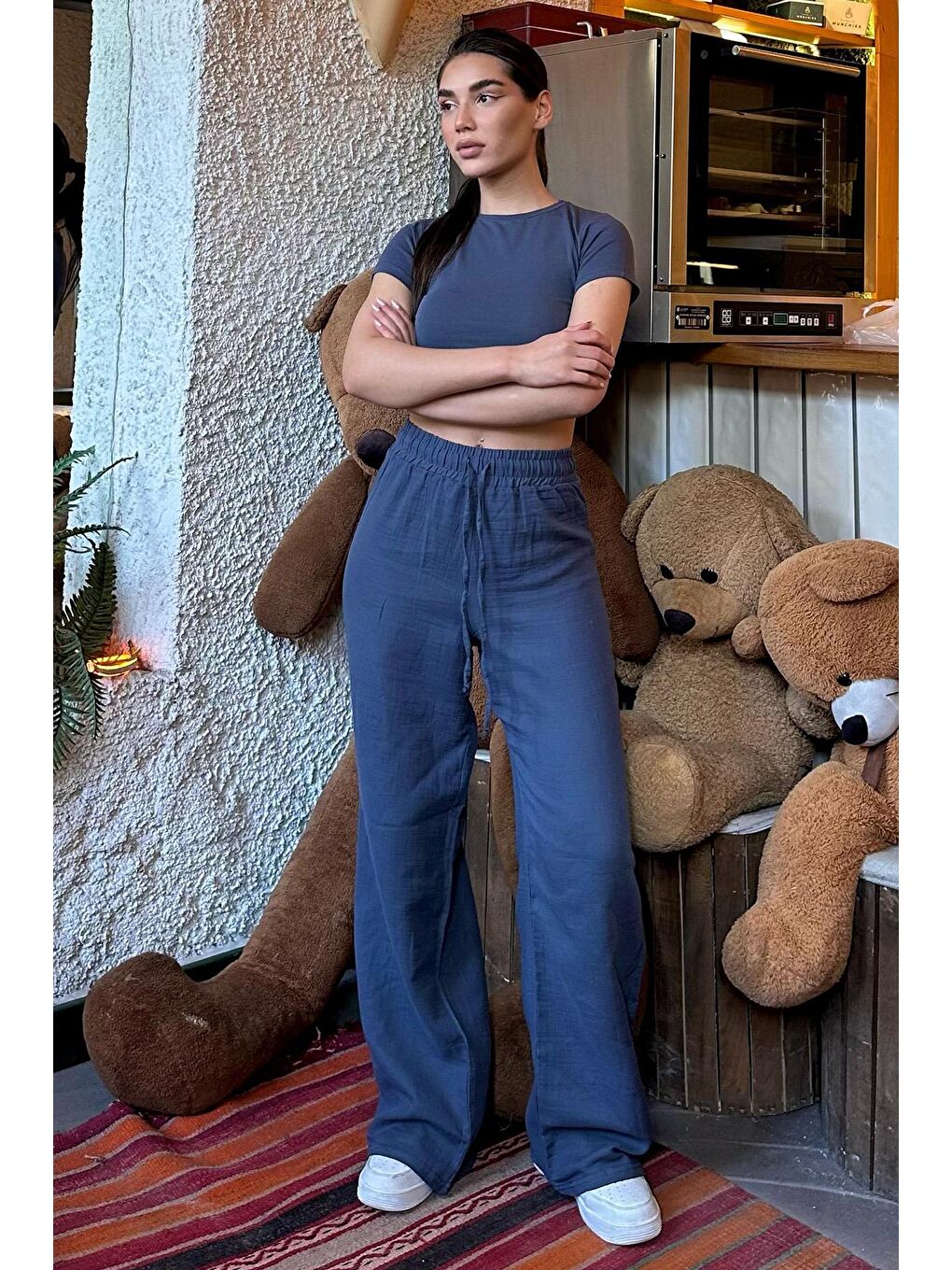 Koyu Mavi Bol Paça Müslin Kadın Pantolon Mg1980