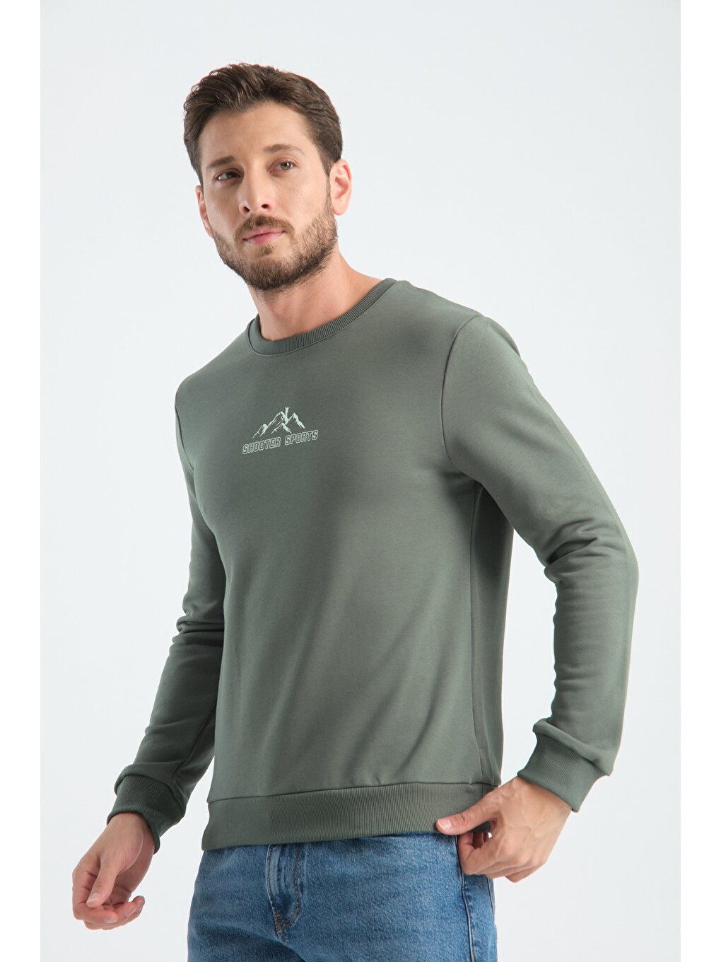 Haki Erkek Üç İplik Sweatshirt Şardonsuz Pamuklu Regular Fit Bisiklet Yaka Spor Sweat-1